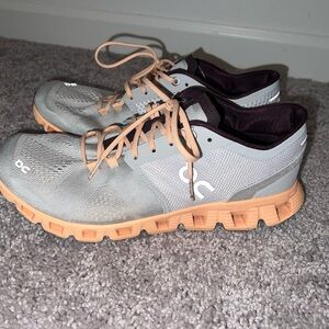 On Running Light Gray and Peach Shoes